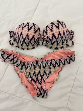 Victoria Secret Patterned Bikini Set in Peach and Black